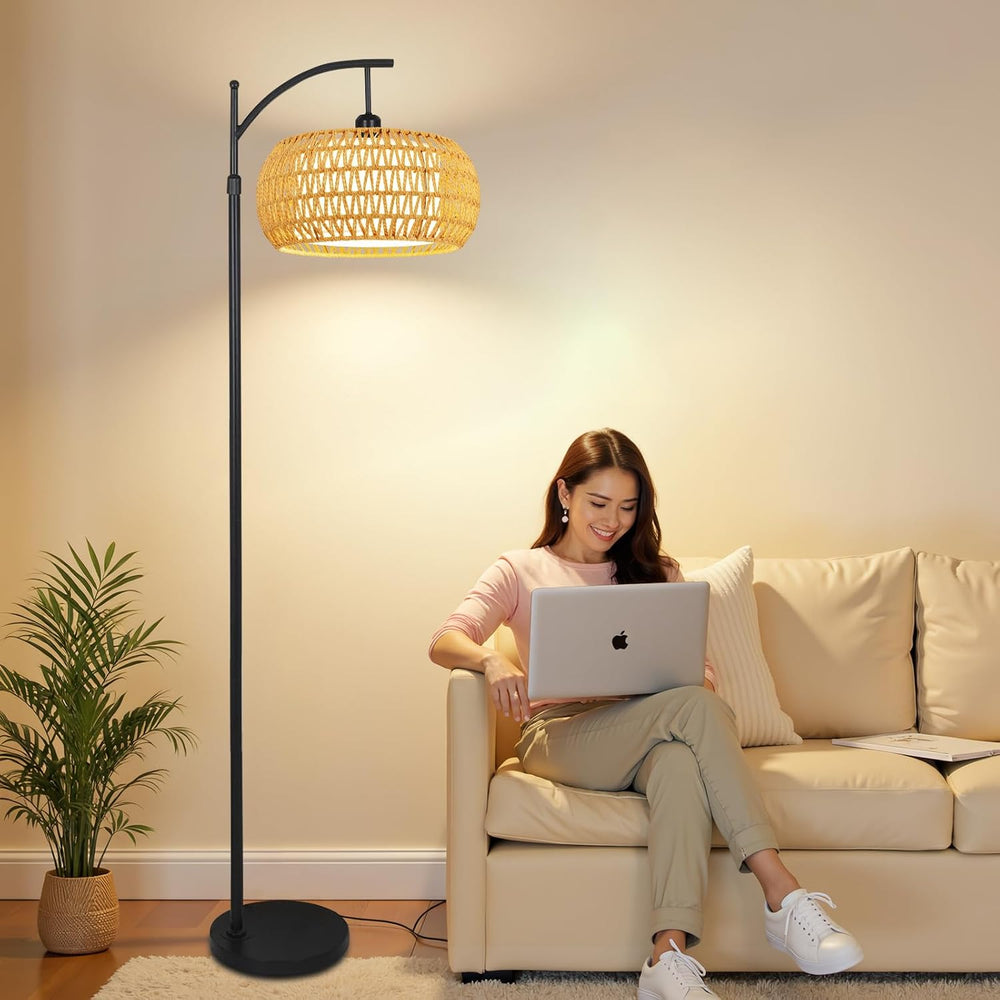 Arc Floor Lamps for Living Room Rattan Boho Floor Lamp with Remote Control,Di...