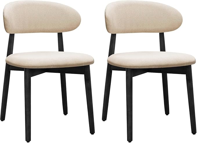 Farmhouse Dining Chairs Set of 2, Mid Century Modern Wooden Dining Room Chairs, Farmhouse Fabric Upholstered Kitchen Dinner Chairs for Living Room Restaurant Cafe, Black/Beige
