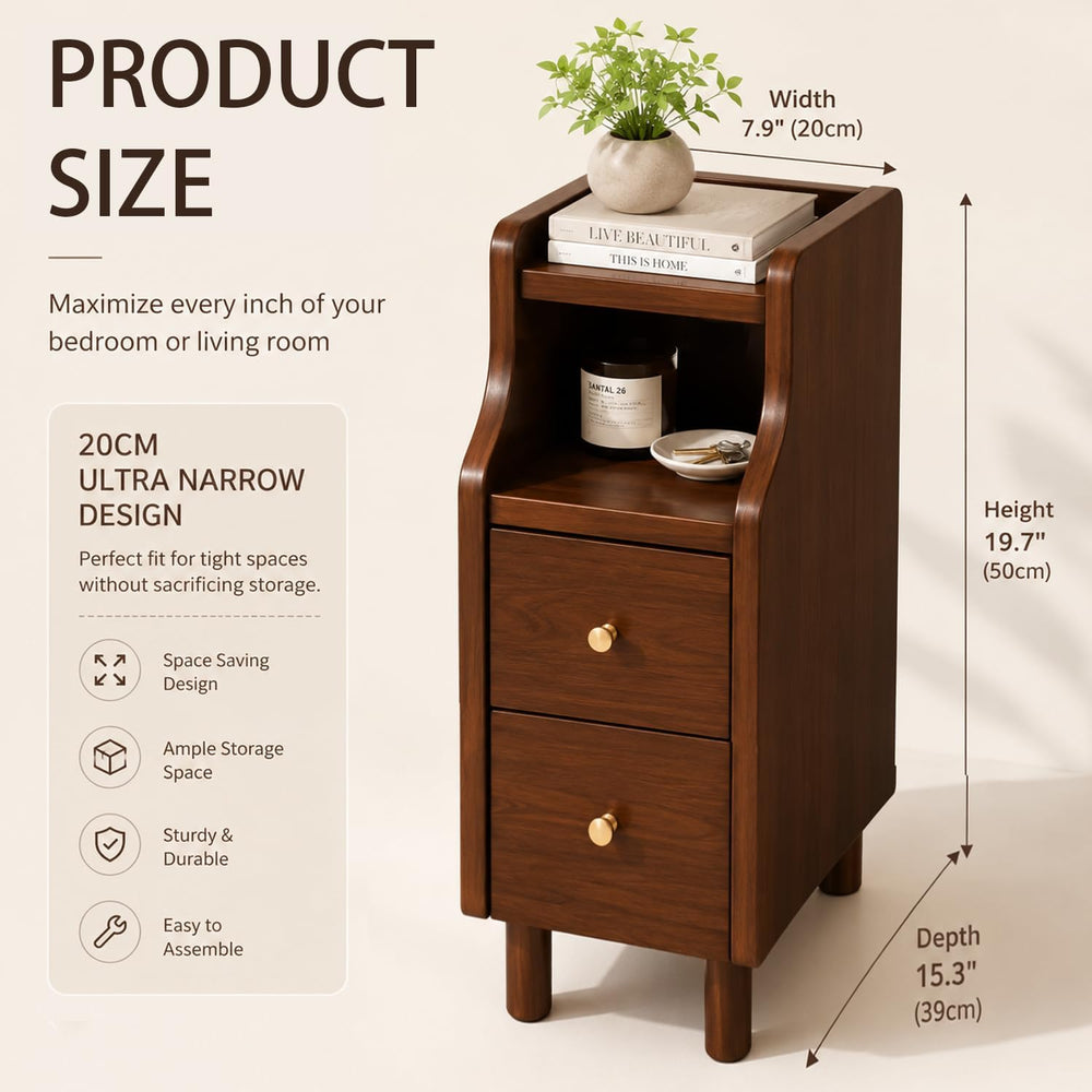 YUNMUARY-Narrow Side Table,Walnut Nightstand,Mid Century Modern Nightstands,N...
