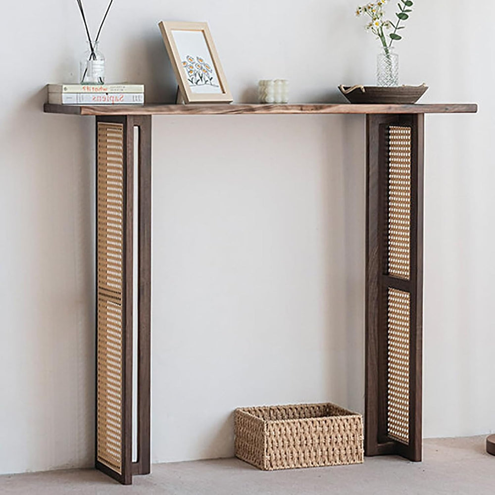 Rustic Console Table with Solid Wood Tabletop and Rattan Table Legs Narrow Sh...