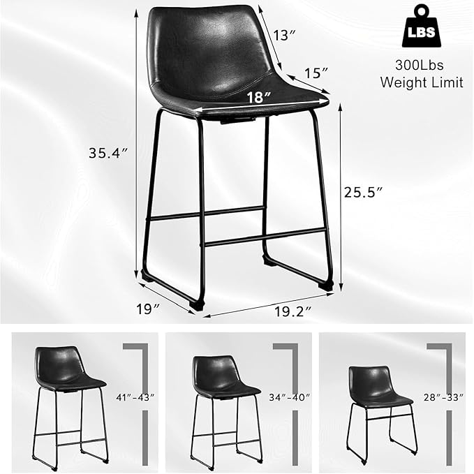 LEMBERI 26 inch Bar Stools Set of 4, Modern Counter Height Bar Stools, Faux Leather Barstool with Back and Metal Leg, Armless Bar Chairs for Kitchen Island (Black, 4pcs 26")
