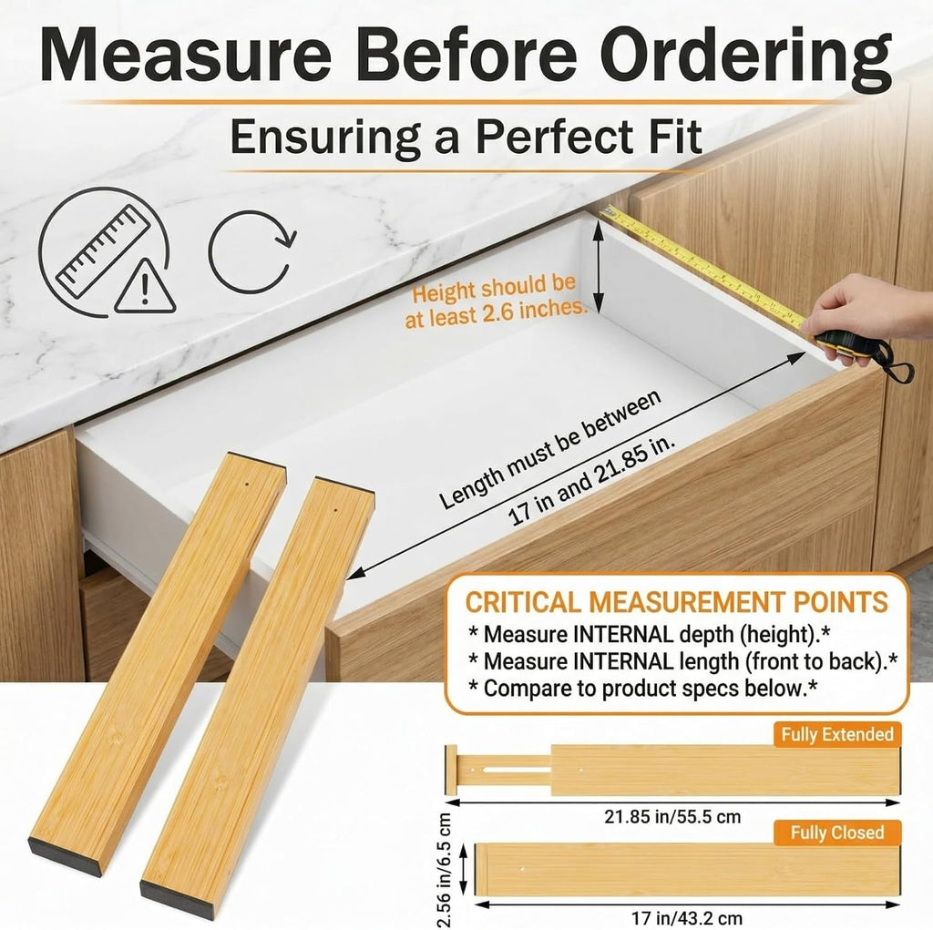 FUSHITON Bamboo Drawer Dividers 17"-22" Adjustable Expandable Drawer Organizers Spring Loaded Drawer Separators for Kitchen Dresser Bathroom Bedroom Office Storage, 4 Pack