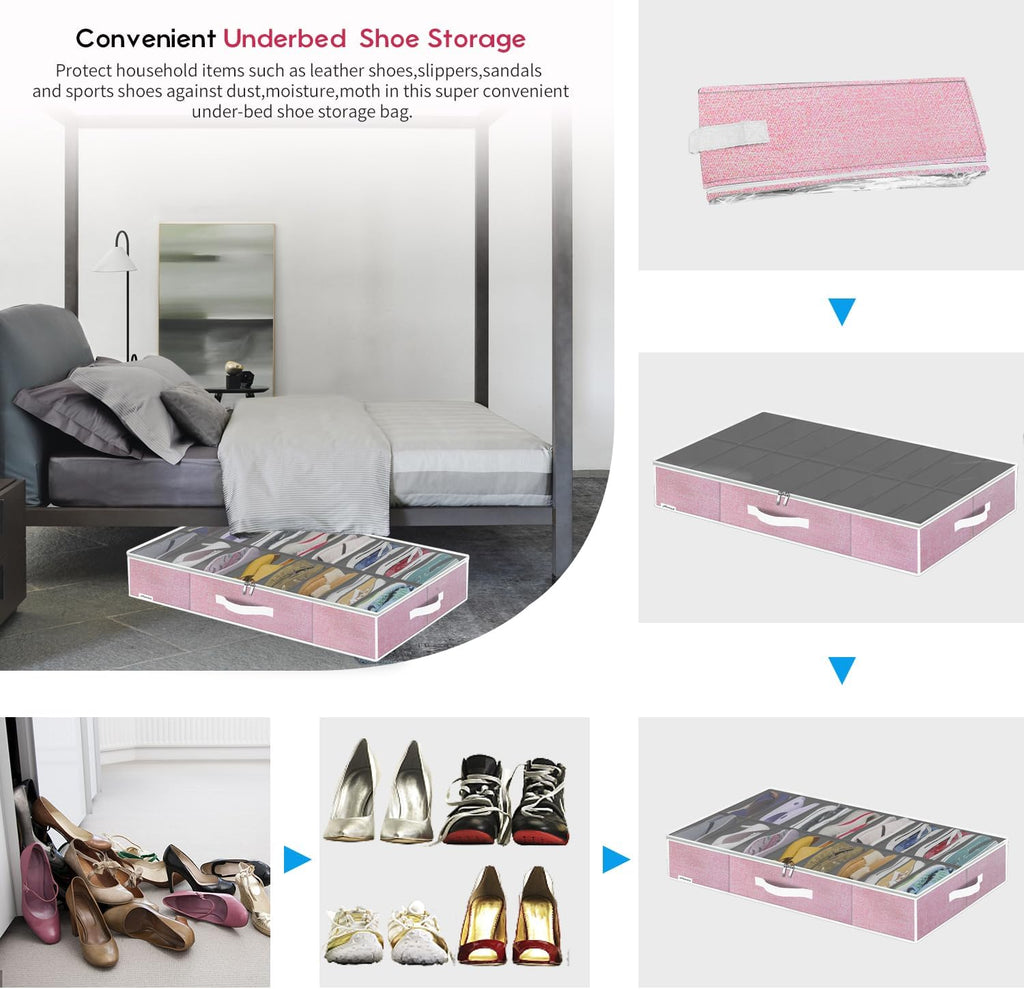 Onlyeasy Large Under Bed Shoe Organizer Container Box, Set of 2, Fit 16 to 32 Pairs of shoes, Underbed Shoes Closet Storage Solution, L37.7x W23.6x H5.9 inch, Cotton-like Pink, MXPUBS16P2