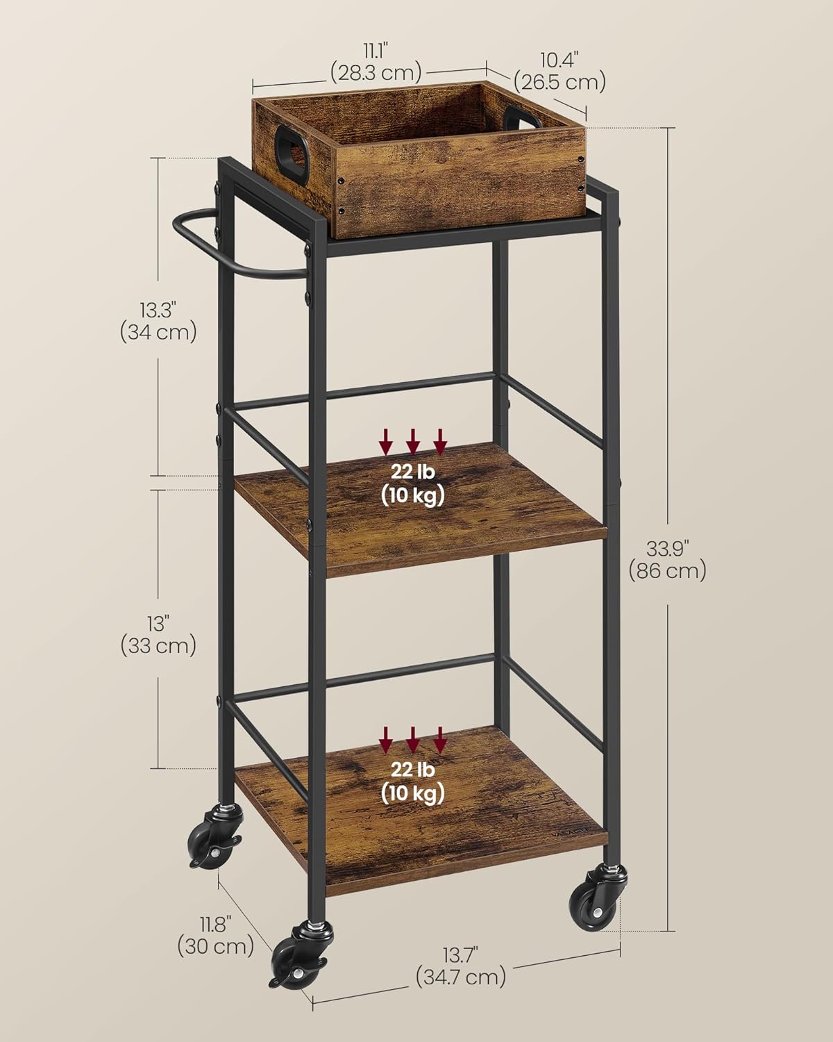 VASAGLE Kitchen Serving Cart with Removable Tray, 3-Tier Kitchen Utility Cart on Wheels with Storage, with Brakes, Leveling Feet, 11.8 x 13.7 x 33.9 Inches, Rustic Brown and Black ULRC062B01