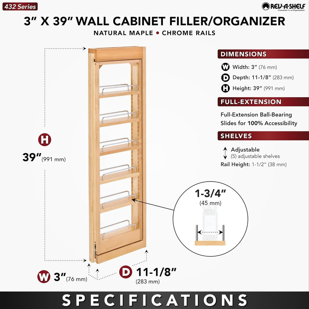 Rev-A-Shelf 3" W x 39" H Pull Out Quad Shelf Organizer for Wall & Base Kitchen Cabinets, Full Extension Filler Spice Rack, Adjustable, Wood, 432-WF39-3C