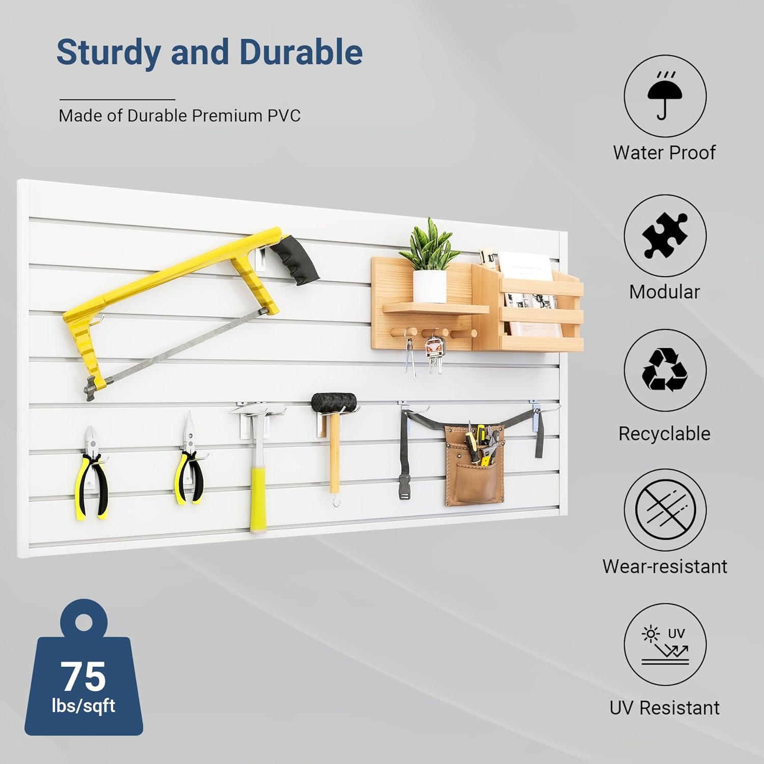4FT x 2FT Modern White PVC Slatwall Panel, Wall Mounted, 1 Shelf, Garage Storage, 75 lbs Weight Capacity