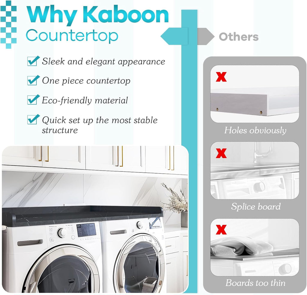 Kaboon Washer Dryer Countertop, Melamine Countertop with Edge Rails - 27.5" Depth x 54" Width Laundry Room Organization, Cloud Atlas/Black Marble Pattern