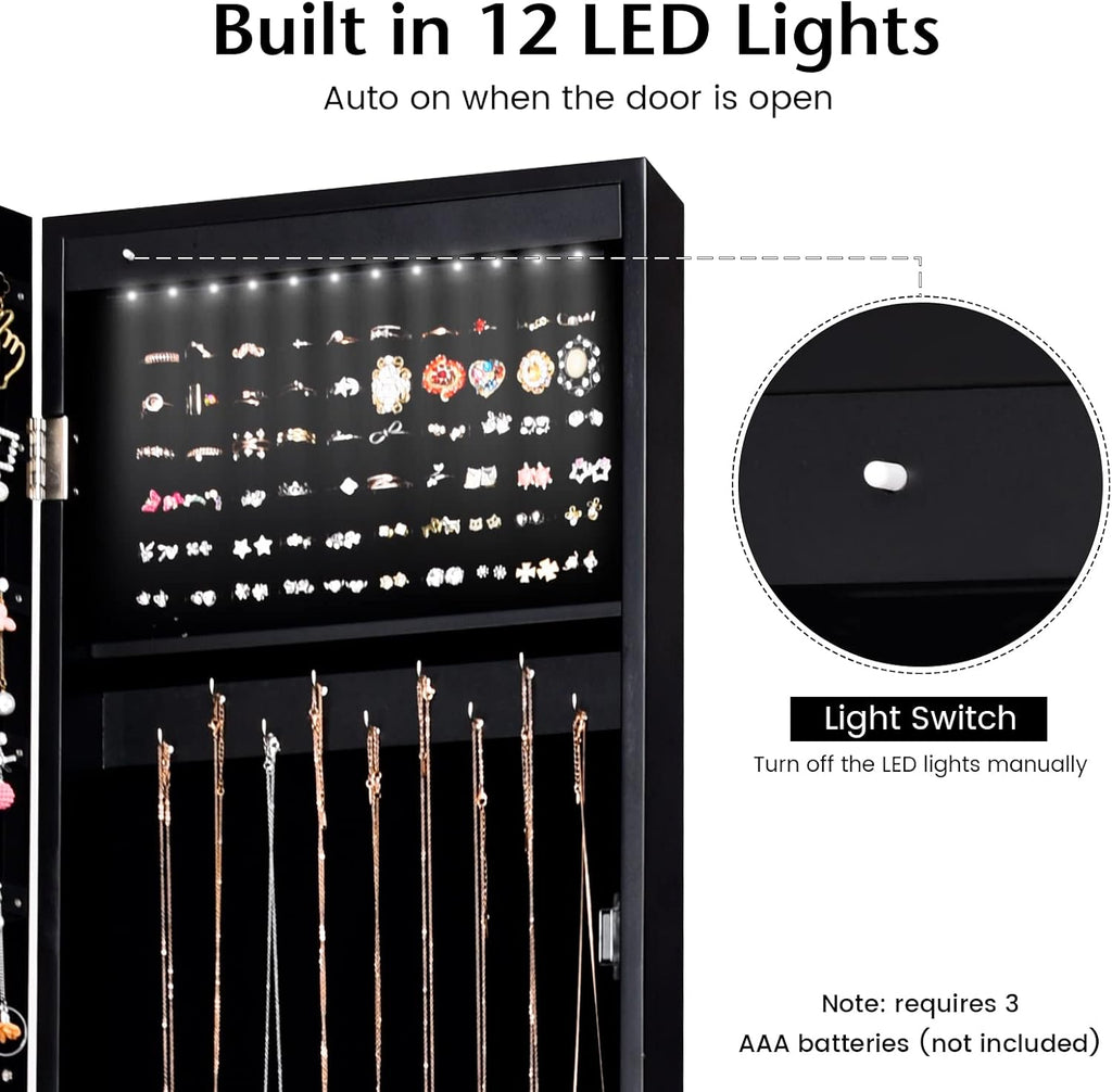 COSTWAY 12 LED Mirror Jewelry Cabinet, Freestanding Jewelry Storage Organizer w/Full Length Mirror, Large Capacity Jewelry Armoire w/Bottom Shelf, Mirror with Jewelry Storage for Women Girls (Black)