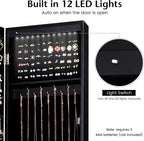 COSTWAY 12 LED Mirror Jewelry Cabinet, Freestanding Jewelry Storage Organizer w/Full Length Mirror, Large Capacity Jewelry Armoire w/Bottom Shelf, Mirror with Jewelry Storage for Women Girls (Black)