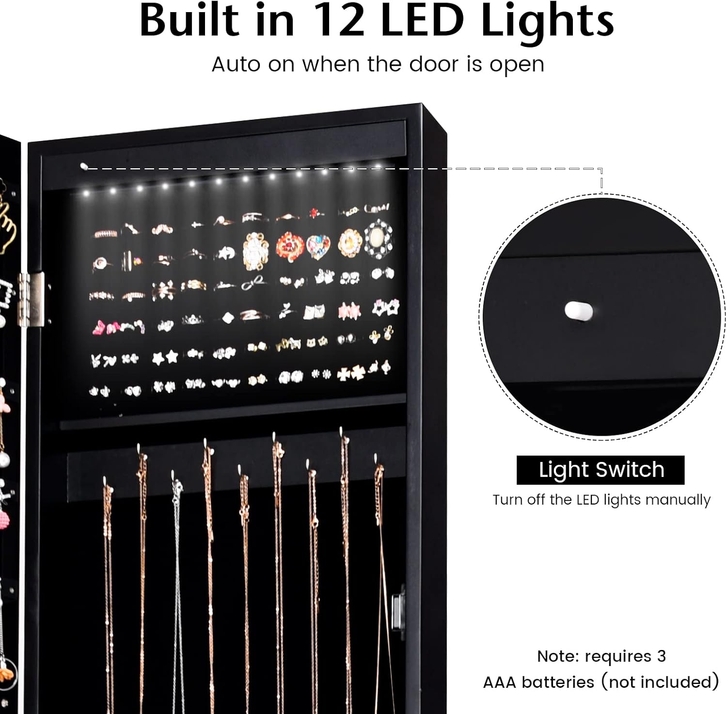 COSTWAY 12 LED Mirror Jewelry Cabinet, Freestanding Jewelry Storage Organizer w/Full Length Mirror, Large Capacity Jewelry Armoire w/Bottom Shelf, Mirror with Jewelry Storage for Women Girls (Black)
