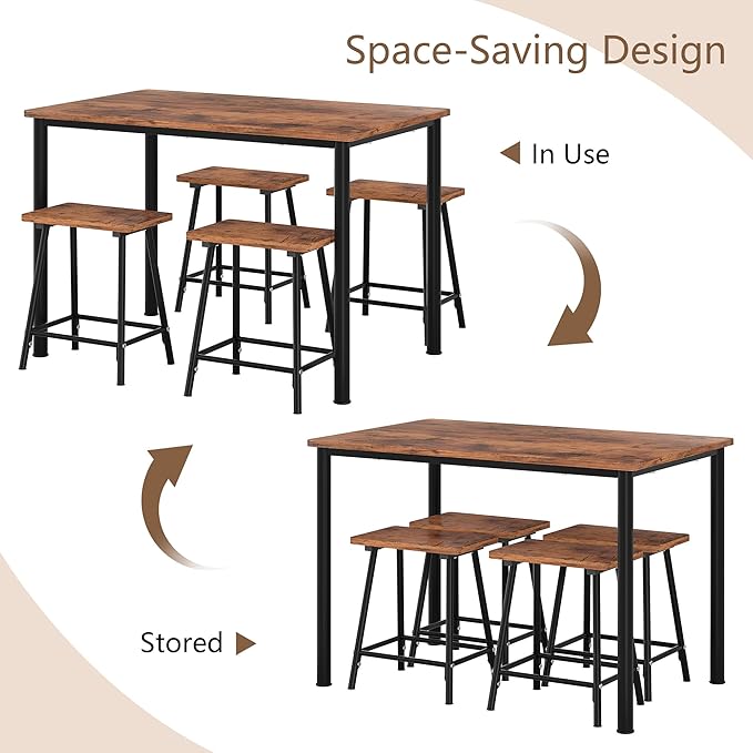 VECELO Kitchen Table and Chairs for 4, Dining Room Set with Chairs/Stools, Heavy-Duty Metal Frame with Wooden Tabletop for Small Spaces, Easy Assembly, Retro Brown