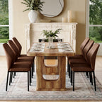 64.5" Dining Room Table Set for 6, Modern Farmhouse Wood Dining Table Set with Decorative Pedestal Legs & 6 Cushioned Chairs,Rustic Brown Kitchen Table Set for Kitchen, Easy Assembly