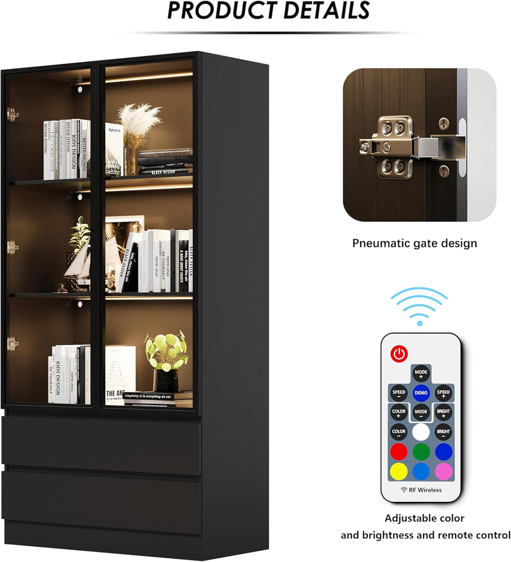 63'' Tall Glass Display Cabinet with LED Lights & 2 Drawers,Showcase with Glass Doors,4-Tier Curio Cabinet for Collectibles Bookcase,Storage Shelf, Bookcase(Black- 2 Drawers)