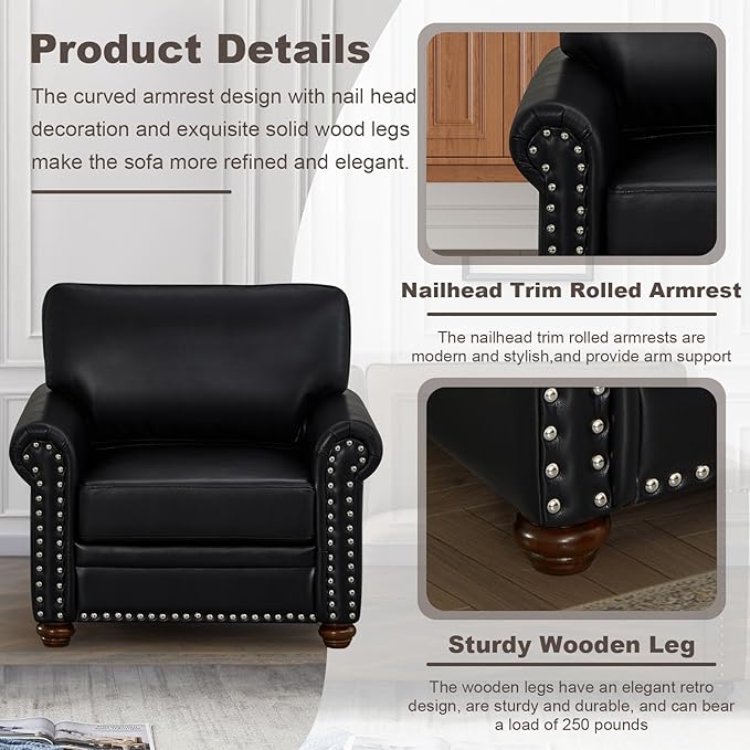 Faux Leather Accent Chair,35" W Upholstered Mid Century Modern Armchair with Rivet Rolled Arm,Deep Seat Comfy Single Sofa Chair for Living Room,Bedroom,Apartment,Office(Black)