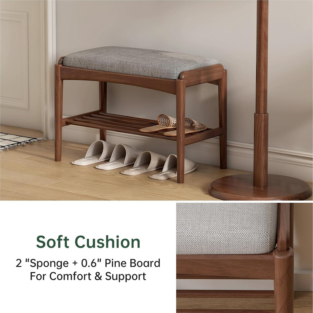 Solid Wood Shoe Bench, Shoe Rack Bench Assembled with Gray Cushion for Entryway, Hallway, Bedroom, Living Room, 11.8" x 23.6" x 16.5", Beech Wood, Walnut