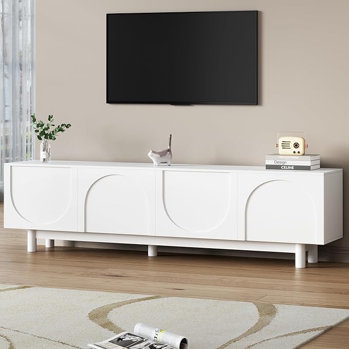 Merax 78" Modern TV Stand with Arch Cabinets, Solid Wood Legs & Adjustable Shelves | Entertainment Center with Cable Management for Living Room, White