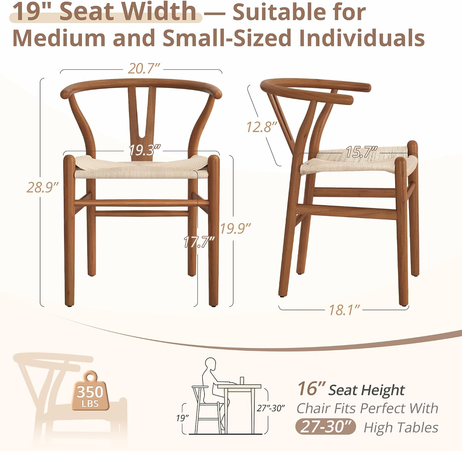 LUE BONA Solid Wood Wishbone Dining Chair Set of 2, Mid Century Modern Y-Shaped Backrest Dining Room Chairs, Fully Assembled Handwoven Seat, Light Brown