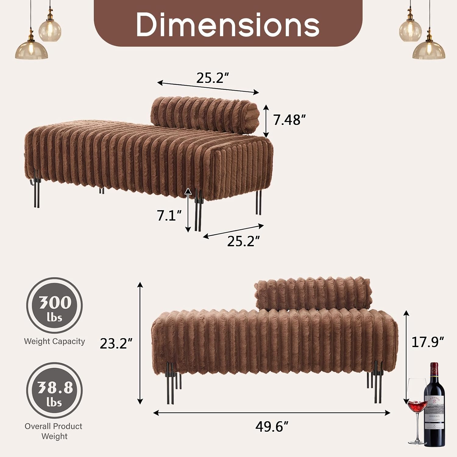 NIOIIKIT 53.2" Loveseat Sofa Couch with Adjustable Backrest, Accent Sofa | Upholstered Small Faux Fur Couch, Golden Legs, Leisure 2-seater Sofa for Bedroom, Living Room, Compact Small Space, Brown