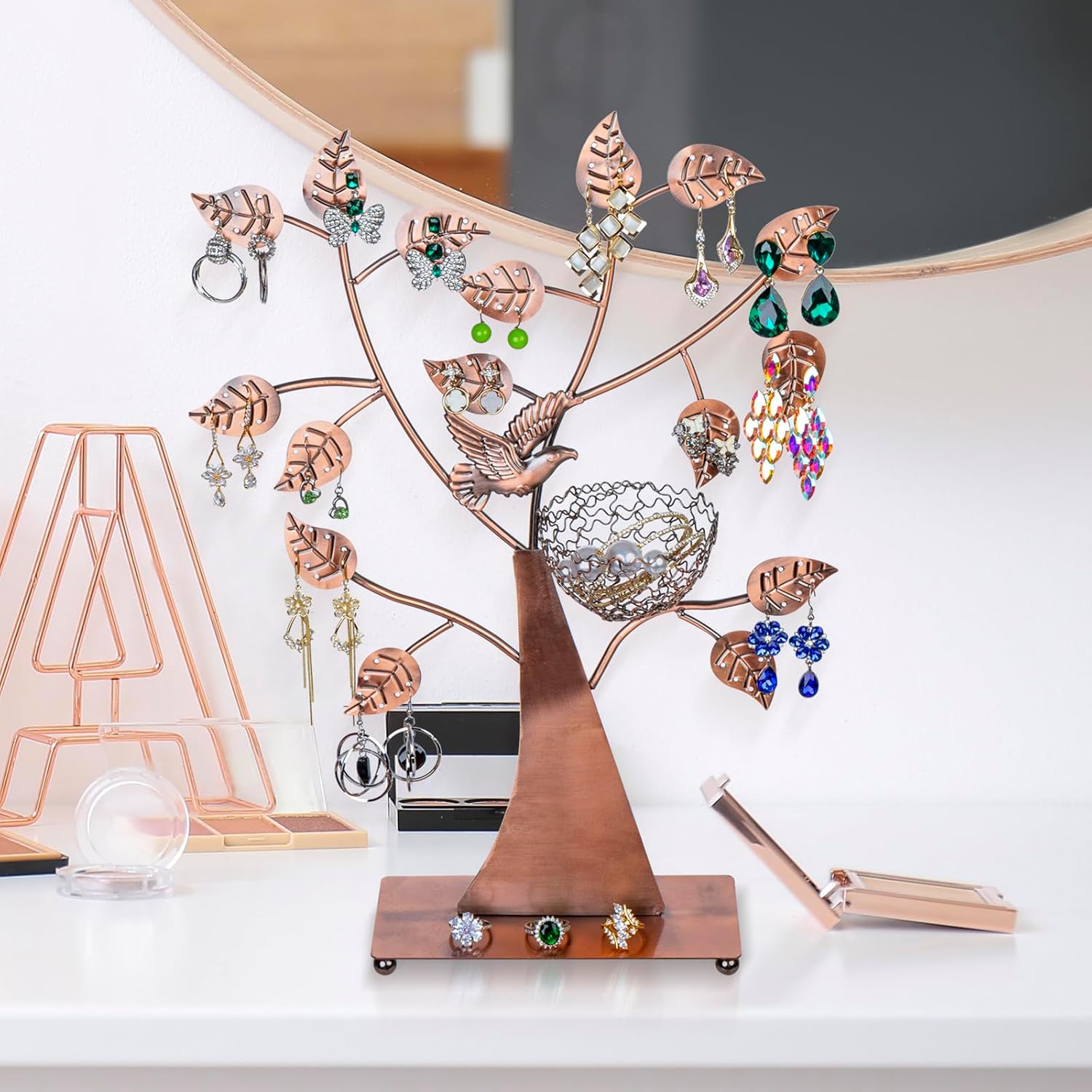 MyGift 14-Inch Modern Bronze Jewelry Organizer Tree with Bird Nest – Holds 48 Earrings, Necklace & Bracelet Stand, Metal Tabletop Display for Rings, Trinkets – Decorative Storage for Home Décor