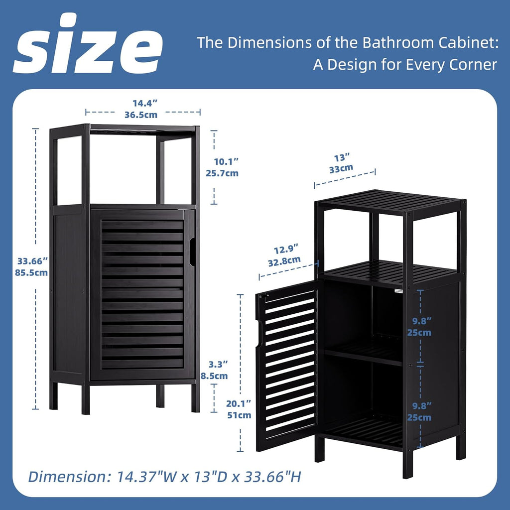 HITNET Bamboo Floor Cabinet, Small Bathroom Cabinet Floor Standing, 4 Tier Narrow Side Storage Cabinet, Space Saving Kitchen Cupboard with Single Door, Black