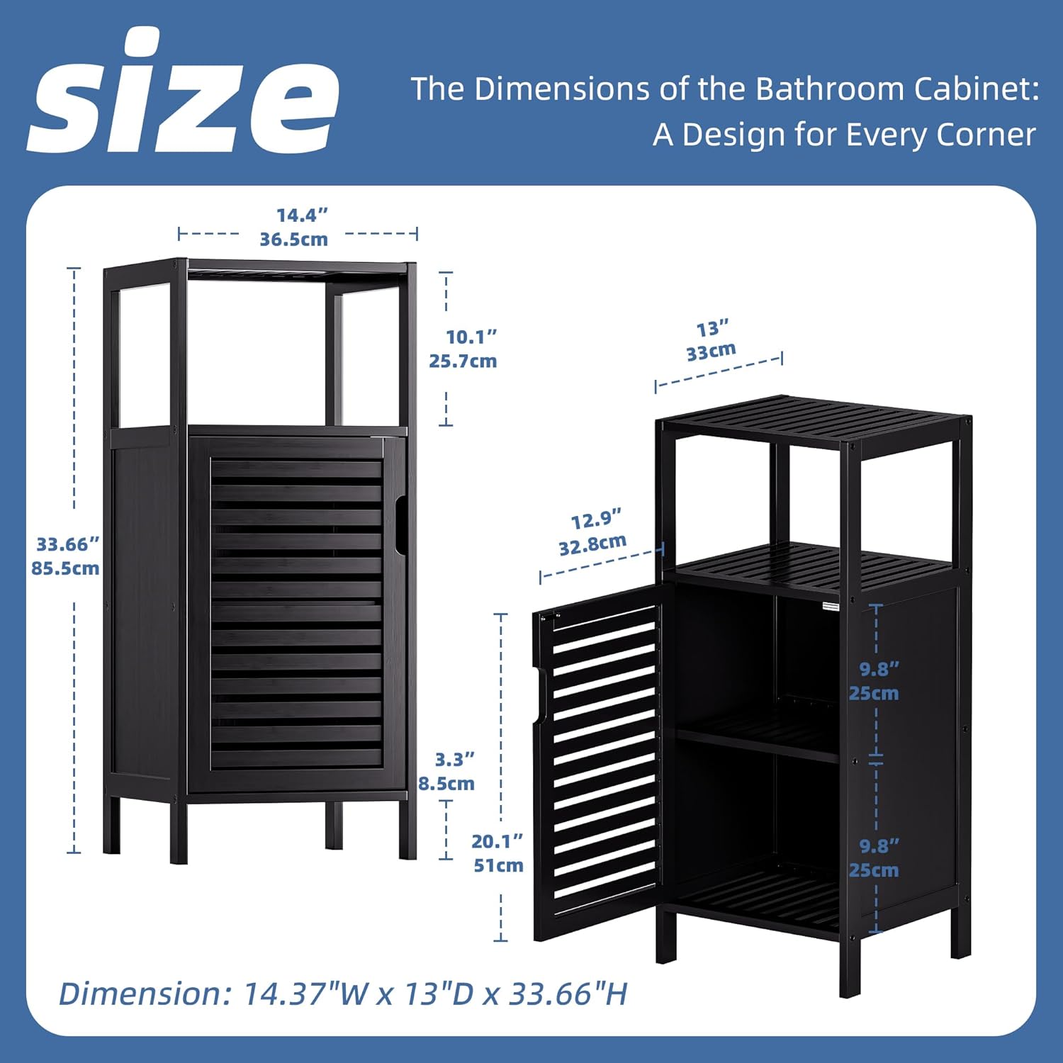 HITNET Bamboo Floor Cabinet, Small Bathroom Cabinet Floor Standing, 4 Tier Narrow Side Storage Cabinet, Space Saving Kitchen Cupboard with Single Door, Black