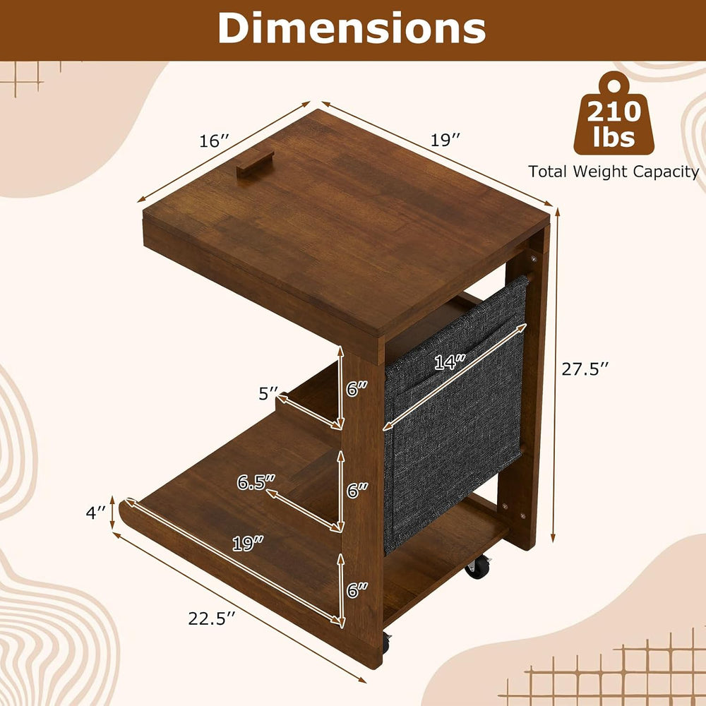 Giantex C-Shaped End Table with Wheels, Wooden Rolling Side Table w/Adjustabl...