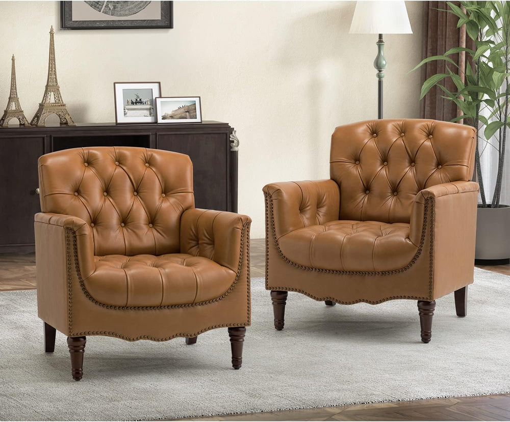 HULALA HOME Mid Century Modern Genuine Leather Accent Chair Set of 2, Camel |...