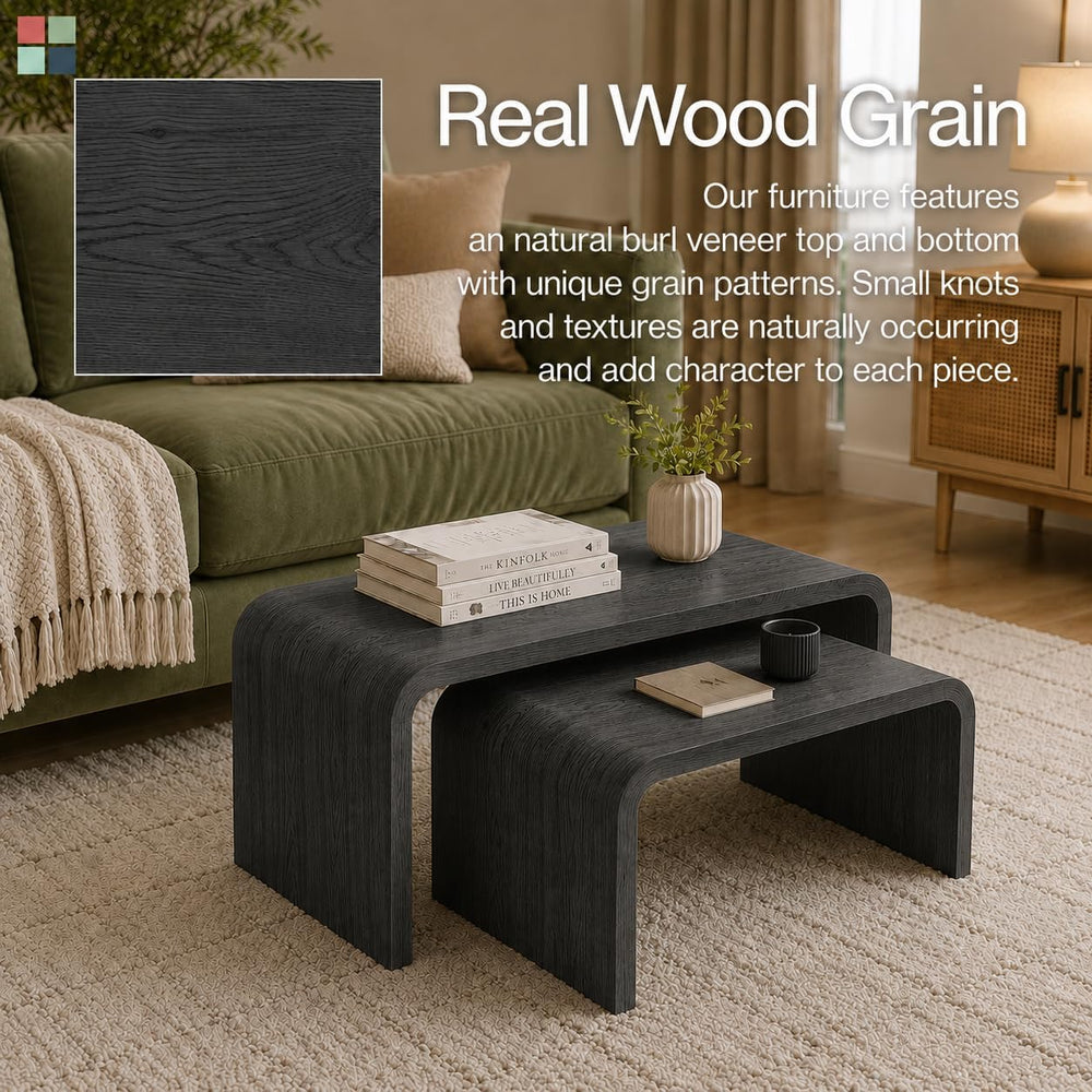 Stead Curved Nesting Coffee Table Set of 2, Modern Wood Nesting Tables for Li...