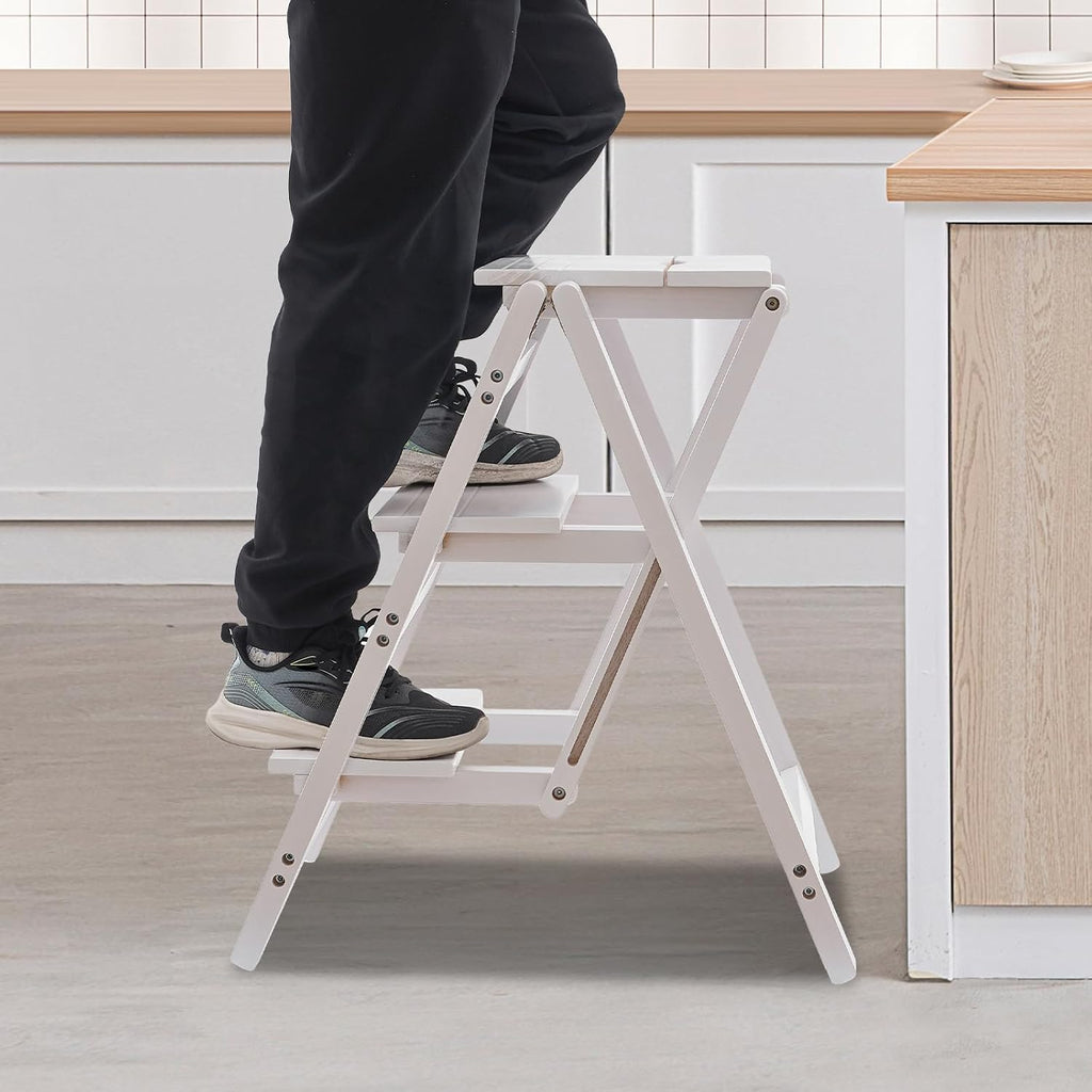 Step Stool for Adults Step Ladder Counter Chair, 3-Step Folding Portable Wooden Step Stool for Library Home Kitchen, 220 lbs White