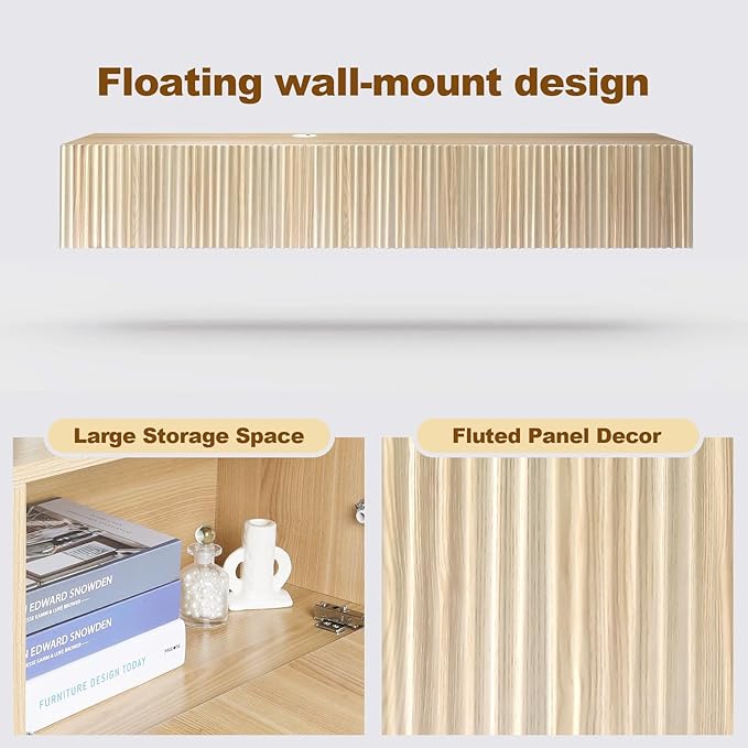 ZYBT Floating TV Stand, Modern Wall Mount Entertainment Center TV Shelf, 70.7" Media Console Under TV Storage Cabinet with Fluted Doors, TV Consoles for Living Room, Floating Cabinet for Wall (Oak)