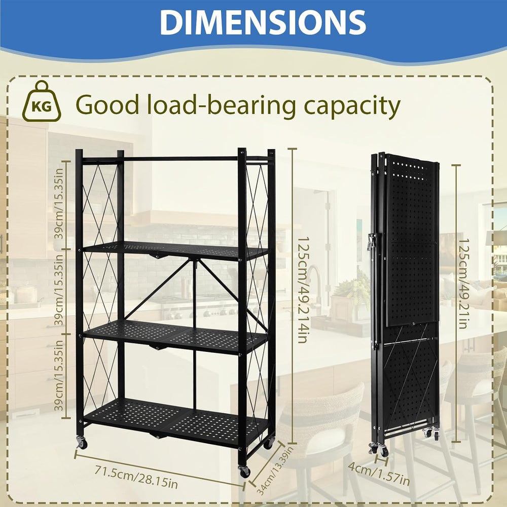 4-Tier Foldable Storage Shelf with Wheels, Metal Collapsible Shelving Unit, H...