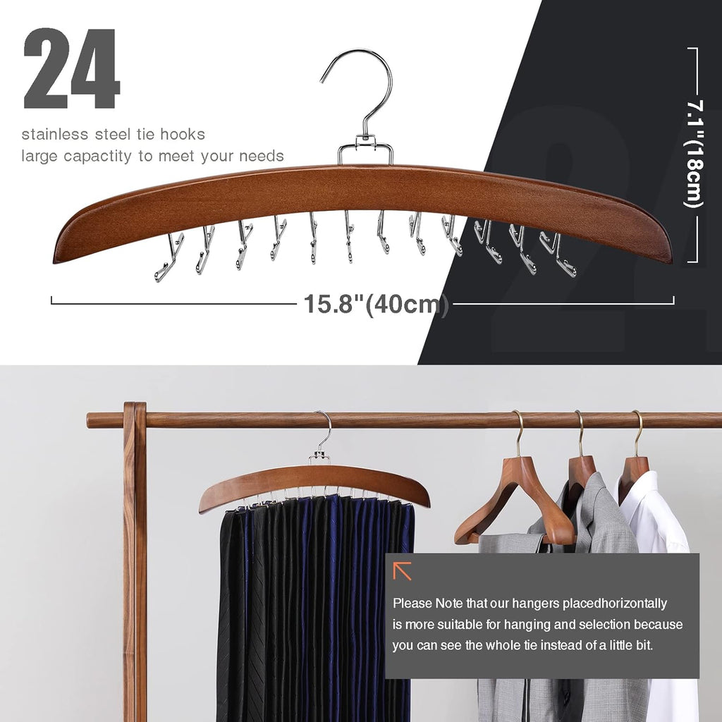 Tie Rack Tie Hanger 24 Hooks Wooden, Tank Top Hanger,Belt Organizer for Closet,with Upgraded 360°Rotating, Belts Scarves Accessories for Bras,Tank Tops,Camisoles…