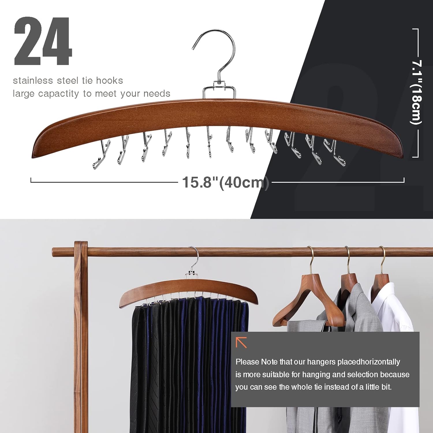 Tie Rack Tie Hanger 24 Hooks Wooden, Tank Top Hanger,Belt Organizer for Closet,with Upgraded 360°Rotating, Belts Scarves Accessories for Bras,Tank Tops,Camisoles…