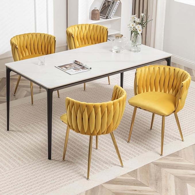 Velvet Dining Chairs Set of 4, Modern Upholstered Dining Chairs with Gold Metal Legs for Dining Room, Vanity, Kitchen, Living Room(Yellow)