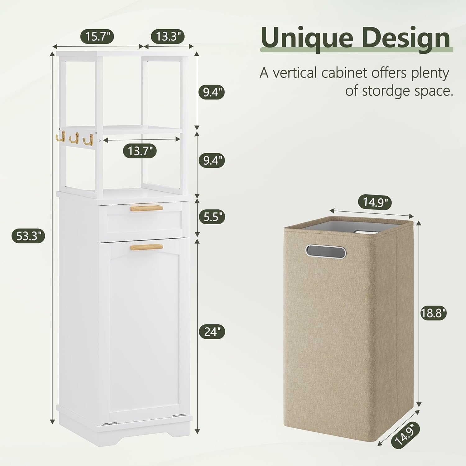 VECELO 53" Tilt Out Laundry Hamper, Tall Bathroom Cabinet with Hidden Removable Basket, 2-Tier Open Shelves, 1 Drawer and 3 Side Hooks for Storage, White