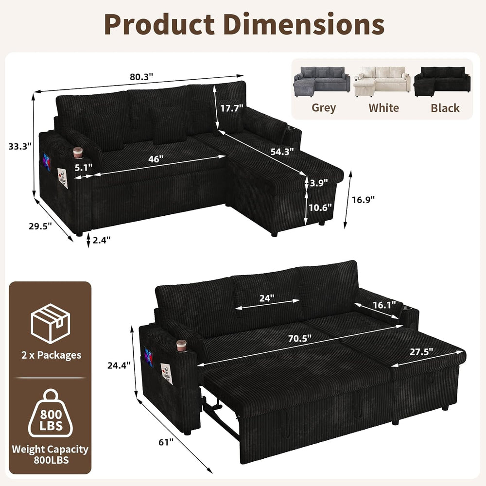3 in 1 Pull Out Couch, Corduroy L Shaped Couch Sleeper Sofa Bed, Black | Reve...