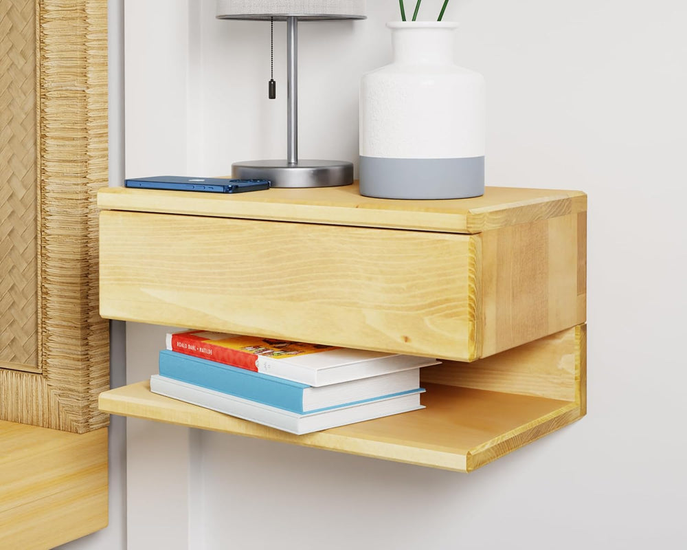 Floating Nightstand Side Accent or End Table with Storage Drawer, Wood Bedsid...