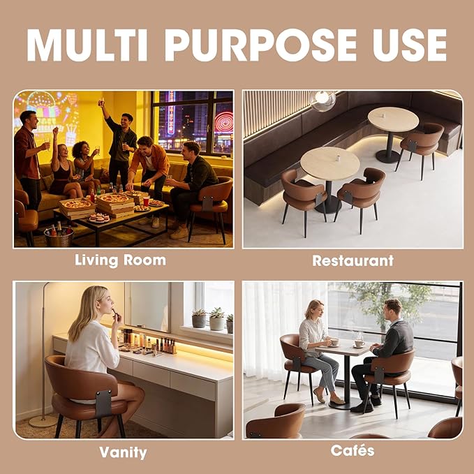 Modern Dining Chairs Set of 6, Upholstered Faux Leather Kitchen Side Chairs with Curved Open Back, Easy Assembly for Dining Room, Restaurant, Cafe, Brown