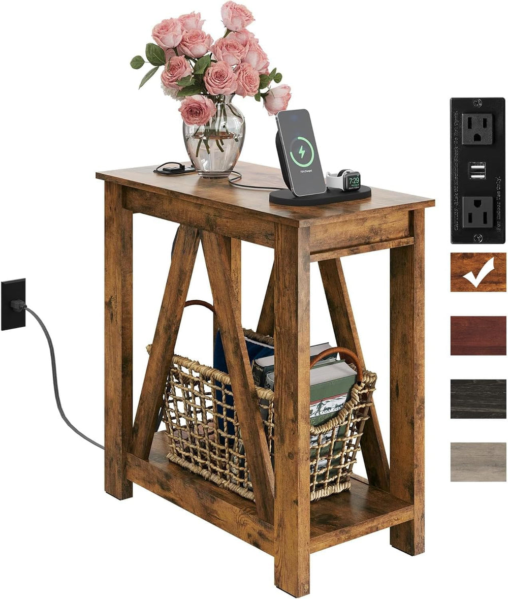 WLIVE Farmhouse End Table, Narrow Side Table with Charging Station, Slim End ...