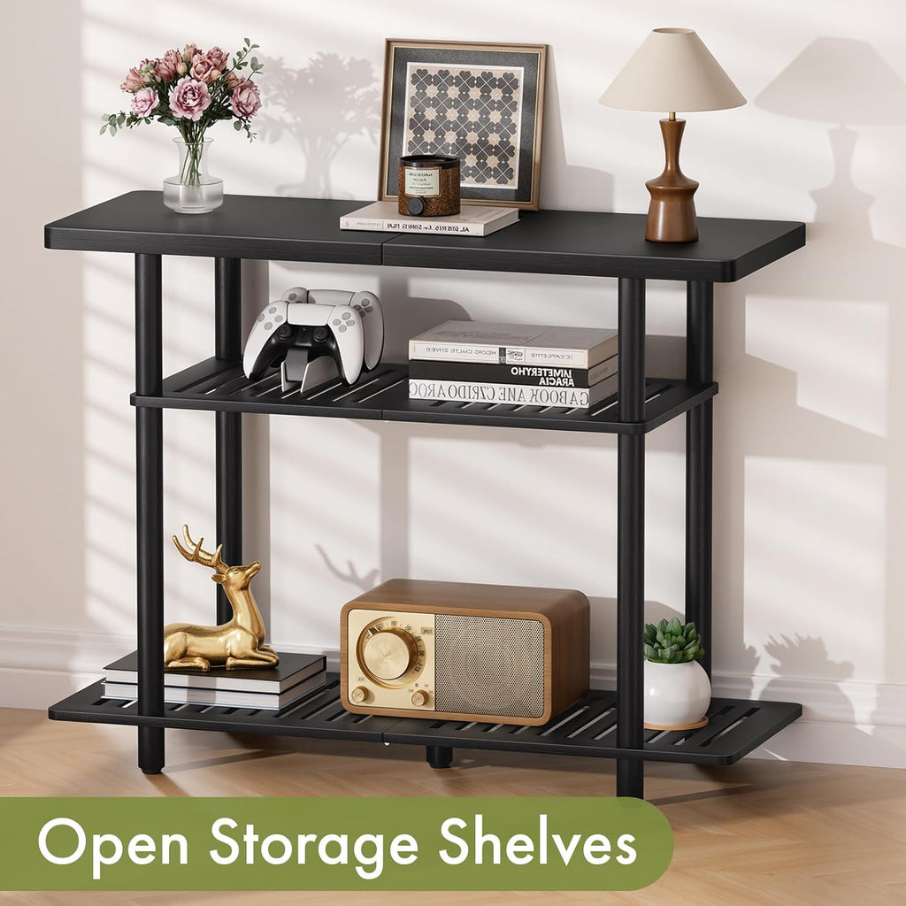 Bamboo TV Stand, Small TV Stands for up to 32 Inch, 3-Tier Entertainment Center TV Shelf with Storage, Sturdy Corner TV Stand for Bedroom, Black, 31.5 x 24.2 x 11.8 inches