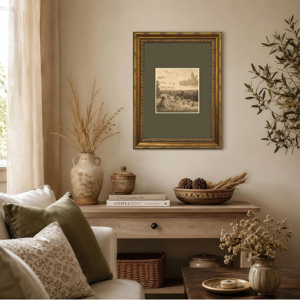 Haystacks in Countryside Wall Art, Vintage Sepia Framed Canvas,12 x 16 In