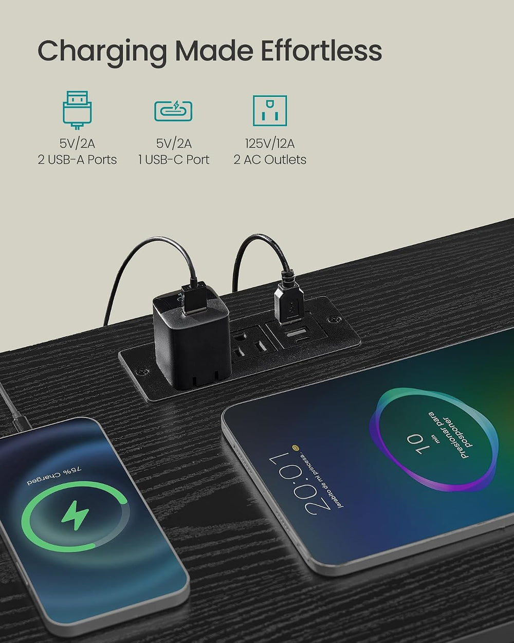 SONGMICS BELLAH Collection - Nightstand with Charging Station and App-Control...