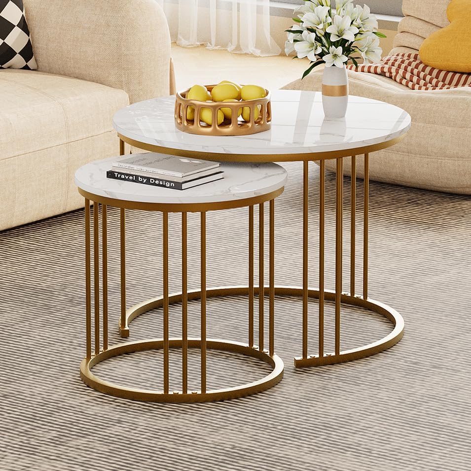 Garden 4 you Coffee Table Faux Marble Nesting Table for Small Place 2 Sets Mo...