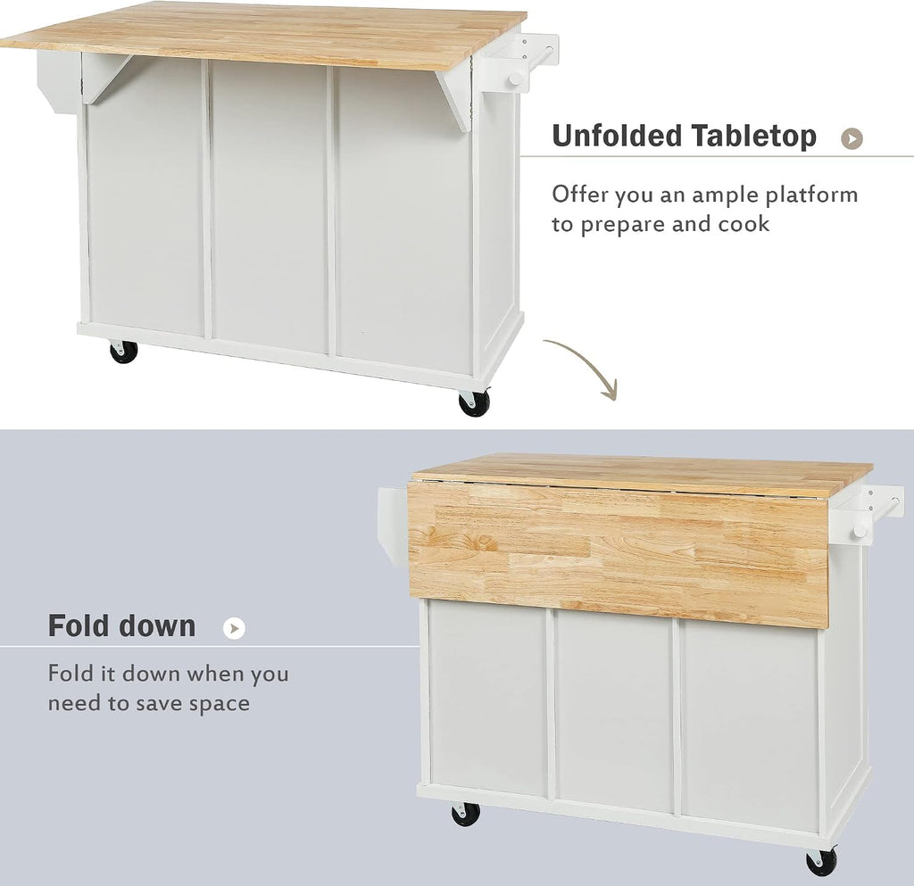 LUMISOL Rolling Kitchen Island with Drop Leaf and Storage, White | Kitchen Cart with 3 Drawers and 2 Cabinets, for Dinning Room