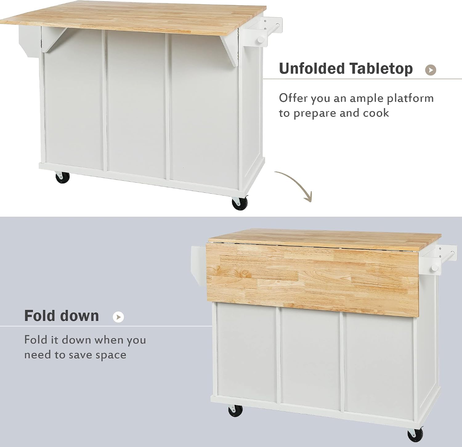 LUMISOL Rolling Kitchen Island with Drop Leaf and Storage, White | Kitchen Cart with 3 Drawers and 2 Cabinets, for Dinning Room