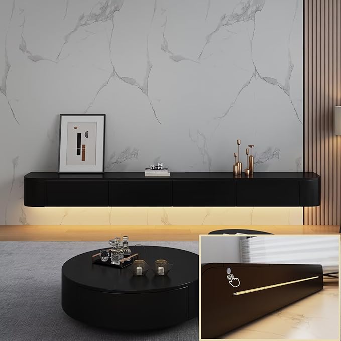 Floating TV Stand with Drawers, Pre-Assembled Wall Mounted TV Console, Modern Floating Media Console for Living Room, Space-Saving Floating TV Cabinet (Black (with Led), 55in/140cm)