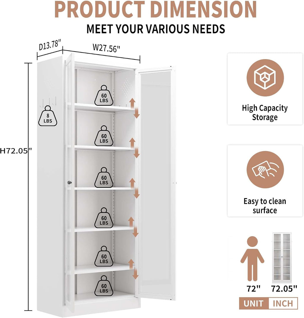 Tall Kitchen Cabinet Storage, Food Pantry Cabinet with Doors and Shelves, Tall Kitchen Cabinets with 5 Adjustable Shelves, White Metal Cabinets for Dining Room (White + Glass Door + Metal)