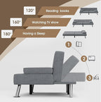 Flamaker Futon Sofa Bed Modern Folding Futon Set Linen Fabric Convertible Recliner Lounge for Living Room with 2 Cup Holders, Removable Armrests (Fabric, Grey)