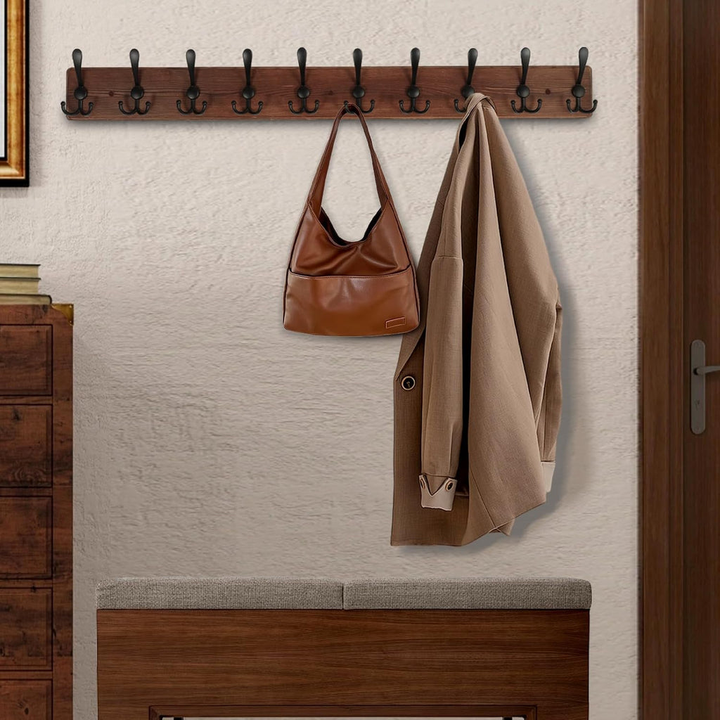 Large Coat Rack Wall Mount 38.6'' Rustic Wood Coat Rack Hook Long Coat Hooks Wall Mount Farmhouse Wall Hooks for Hanging Coat, Bags, Towels