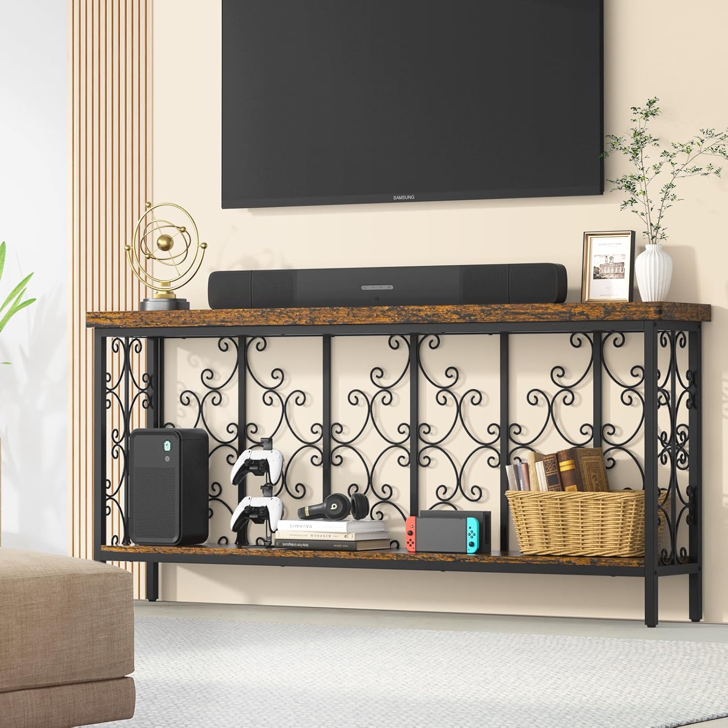 ikkle 70.9" Narrow Sofa Table Behind Couch with 2-Tier Storage Shelf. | Industrial Console Table with Auspicious Cloud Design and Premium Water-Resistant Wood Finish.Fit for Entryway, Living Room.